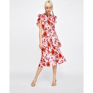Zara Linen Pink Floral Flutter Sleeve Belted Midi Dress Women's Size Small